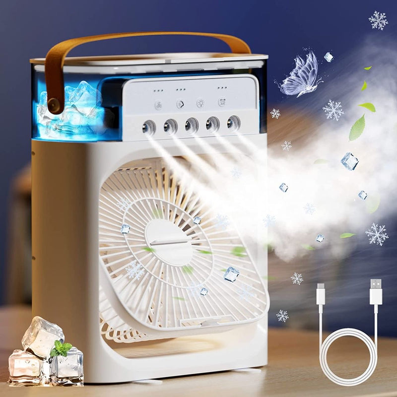 Ventilador Portátil 3 em 1: Mini Ar-Condicionado, Umidificador e Luz LED para Casa e Escritório