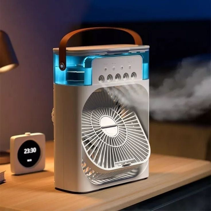 Ventilador Portátil 3 em 1: Mini Ar-Condicionado, Umidificador e Luz LED para Casa e Escritório